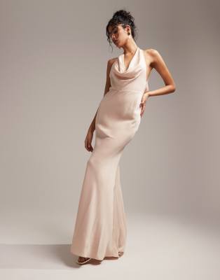 ASOS EDITION satin halter cowl maxi dress in blush-Pink