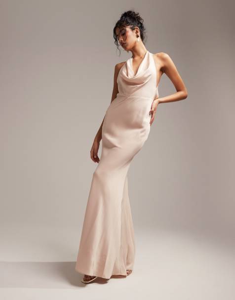 Strapless Overlay Bodice Crepe Maxi Bridesmaid Dress With Front Slit In  Powder Pink