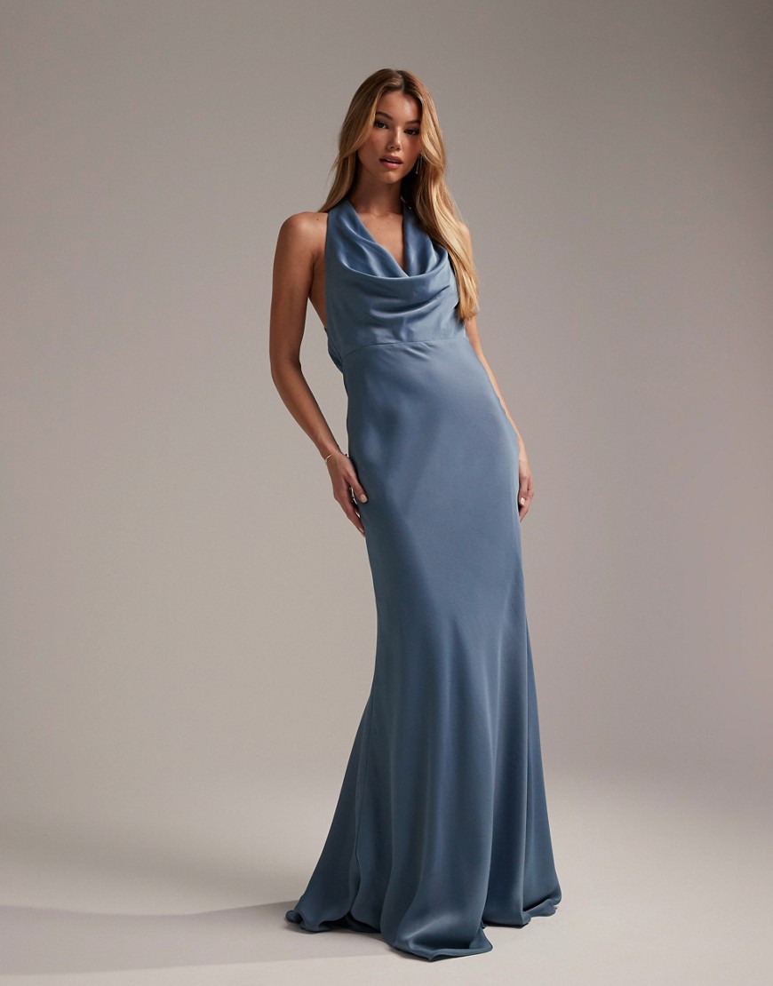 ASOS DESIGN Bridesmaid satin halter cowl maxi dress in dusky blue