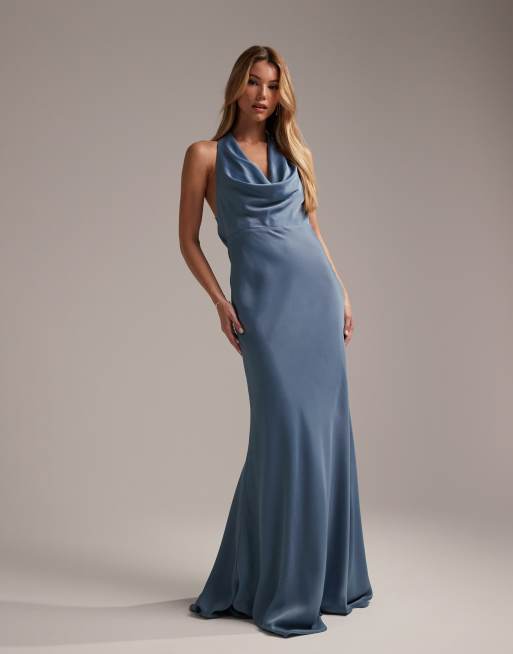 Dusty Blue Slim Satin Cowl Neck Bridesmaids Midi Dress