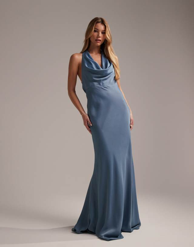 ASOS DESIGN - bridesmaid satin halter cowl maxi dress in dusky blue