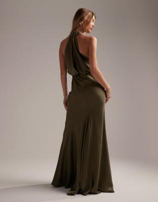 ASOS DESIGN Bridesmaid satin halter cowl maxi dress in olive green | ASOS