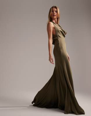 ASOS DESIGN Bridesmaid satin halter cowl maxi dress in olive green | ASOS