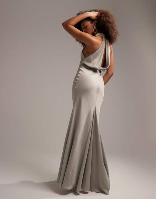 ASOS DESIGN Bridesmaid satin halter cowl maxi dress in sage green