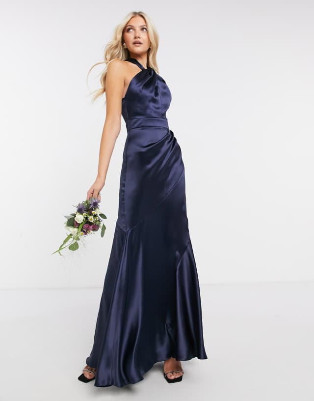 ASOS DESIGN Bridesmaid satin halter maxi dress with paneled skirt and keyhole detail