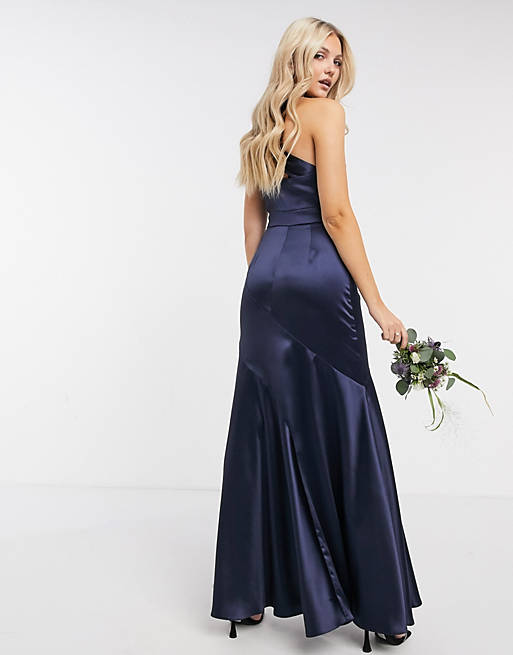 Women Bridesmaid satin halter maxi dress with panelled skirt and keyhole detail 