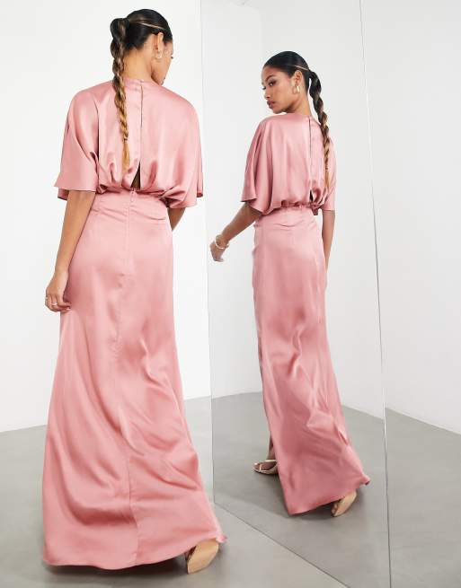 ASOS DESIGN Bridesmaid satin kimono sleeve maxi dress with drape skirt in  dusky rose