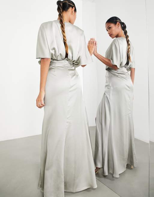 ASOS DESIGN Bridesmaid satin kimono sleeve maxi dress with drape skirt in sage green