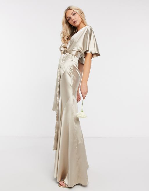 ASOS DESIGN Bridesmaid satin kimono sleeve maxi dress with panelled skirt and belt in Oyster