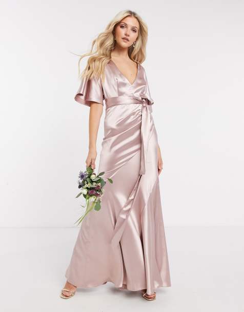 ASOS DESIGN Bridesmaid satin kimono sleeve maxi dress with panelled skirt and belt in Pink - view 1