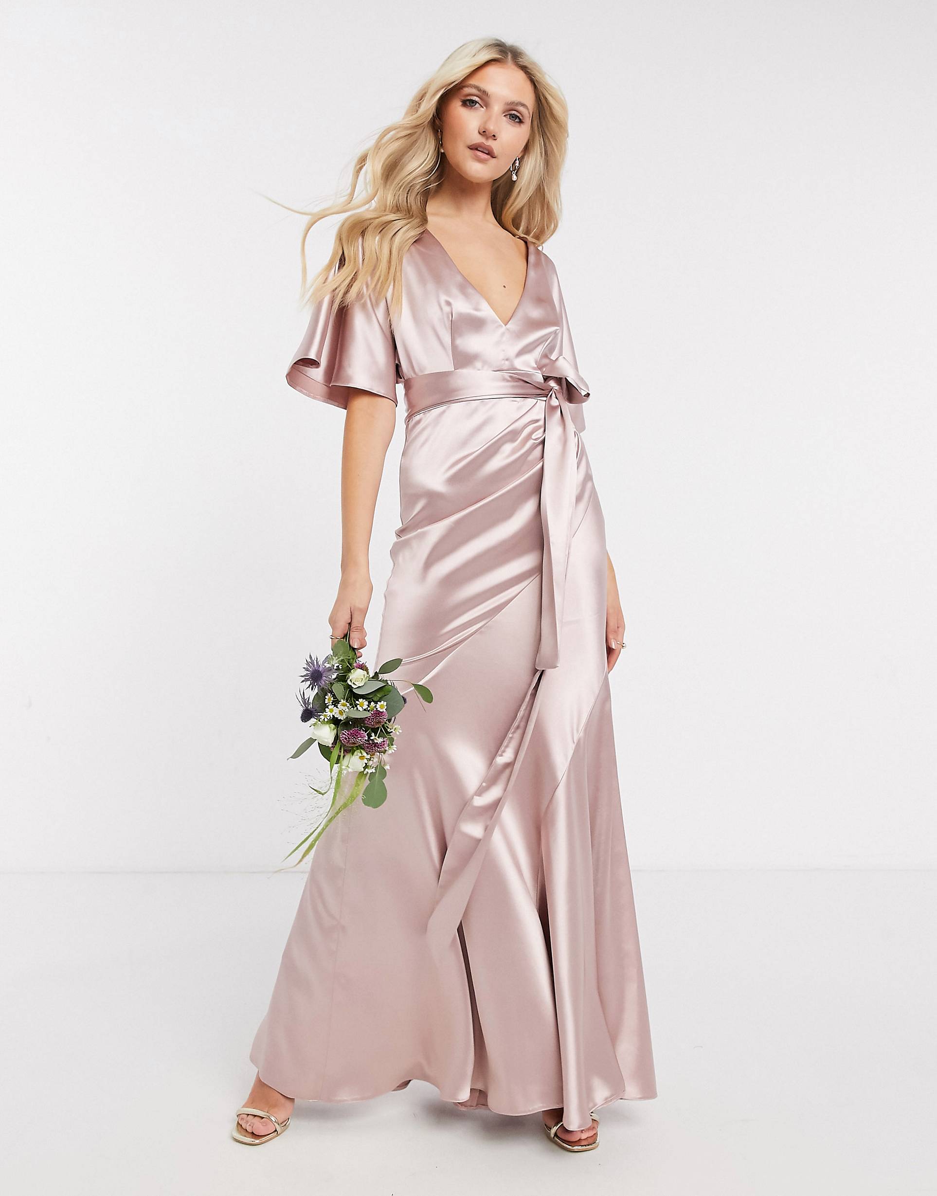 ASOS DESIGN Bridesmaid satin kimono sleeve maxi dress with panelled skirt and belt in Pink, 1 of 4