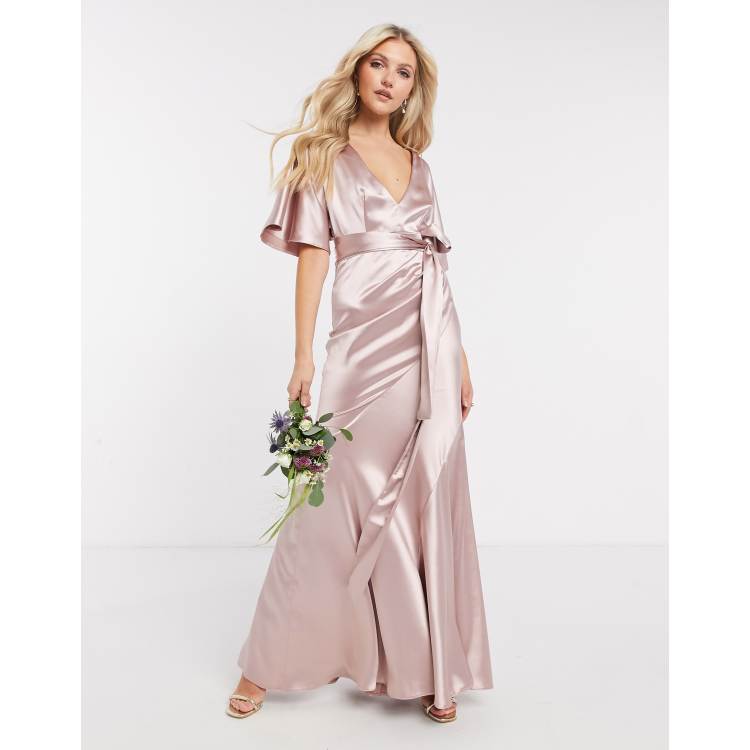 asos pink kimono dress ASOS DESIGN Bridesmaid satin kimono sleeve maxi dress with panelled skirt  and belt in Pink