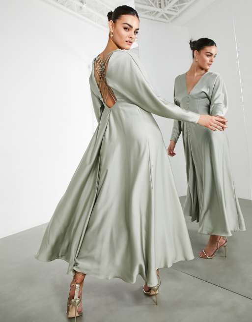 ASOS DESIGN Bridesmaid satin lattice back midi dress in sage green