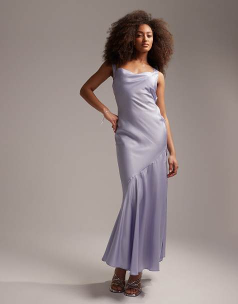 ASOS DESIGN Bridesmaid satin maxi dress with asymetric bow back in blue - view 1