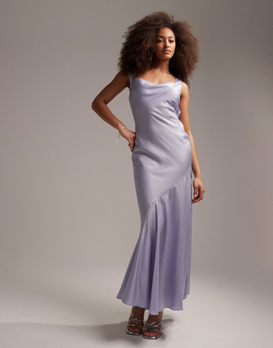 ASOS DESIGN Bridesmaid satin maxi dress with asymetric bow back in blue