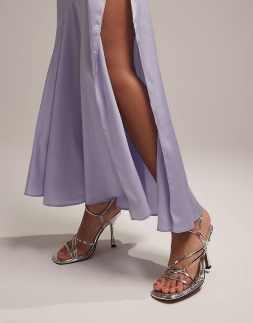 ASOS DESIGN Bridesmaid satin maxi dress with asymetric bow back in blue |  ASOS