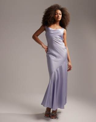 Asos Design Bridesmaid Satin Maxi Dress With Asymmetric Bow Back In Blue