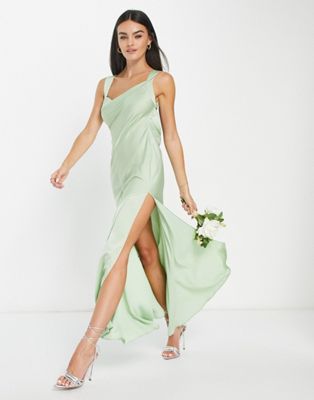 ASOS DESIGN Bridesmaid satin maxi dress with asymmetric bow back in sage