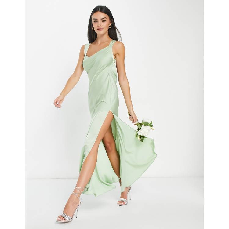 ASOS DESIGN Bridesmaid satin maxi dress with asymmetric bow back in sage