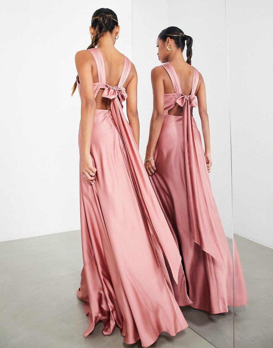 ASOS DESIGN Bridesmaid satin maxi dress with drape back detail in dusky rose-Pink
