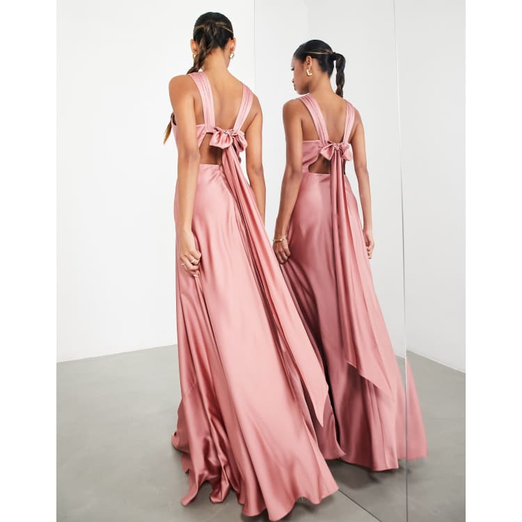 ASOS DESIGN Bridesmaid satin maxi dress with drape back detail in dusky rose