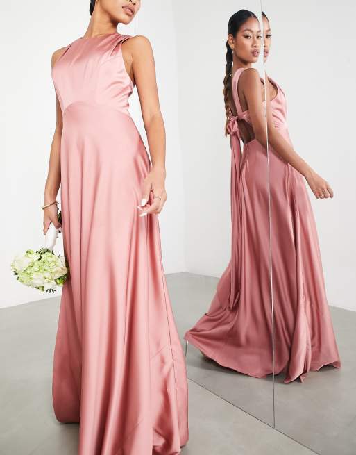 ASOS DESIGN Bridesmaid satin maxi dress with drape back detail in dusky rose ASOS