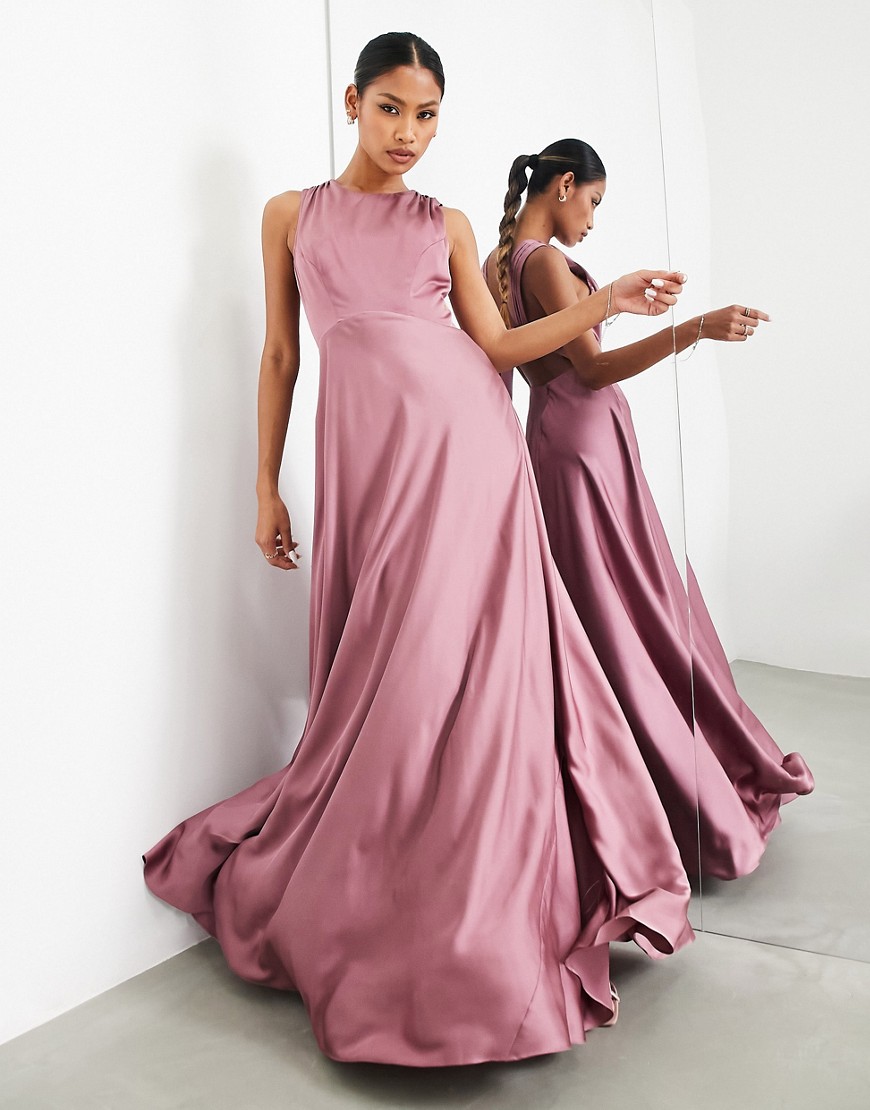 ASOS DESIGN Bridesmaid satin maxi dress with drape back detail in orchid-Purple