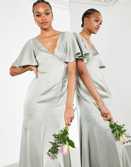 ASOS DESIGN Bridesmaid satin maxi dress with flutter sleeve in sage green -  MGREEN - MGREEN