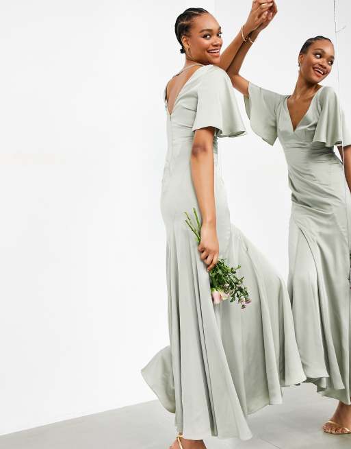 ASOS DESIGN Bridesmaid satin maxi dress with flutter sleeve in sage green MGREEN MGREEN