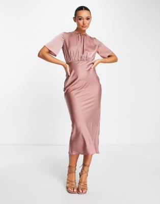 Asos Design Bridesmaid Satin Maxi Dress With Flutter Sleeves And Open Back In Toffee-pink