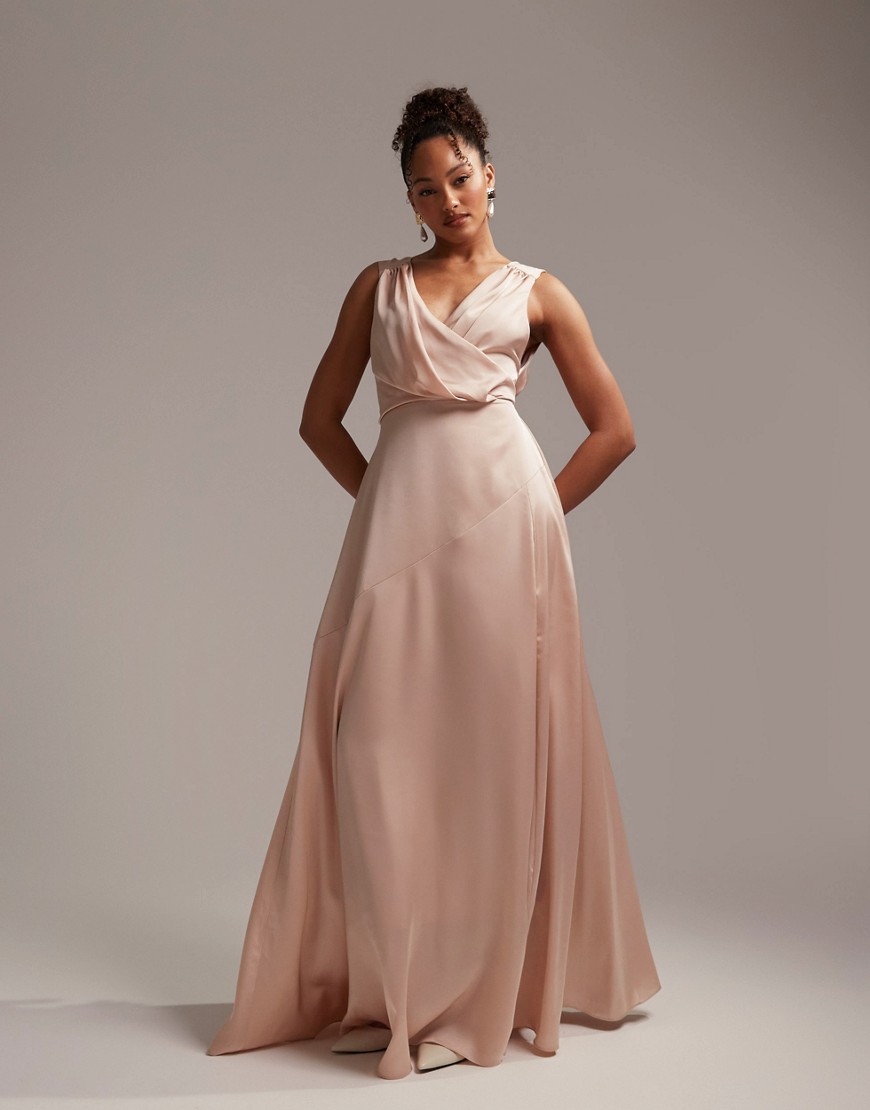 ASOS DESIGN Bridesmaid satin maxi dress with wrap bodice in blush - LPINK - LPINK