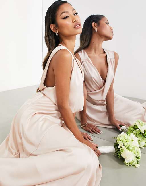 ASOS DESIGN Bridesmaid satin maxi dress with wrap bodice in blush