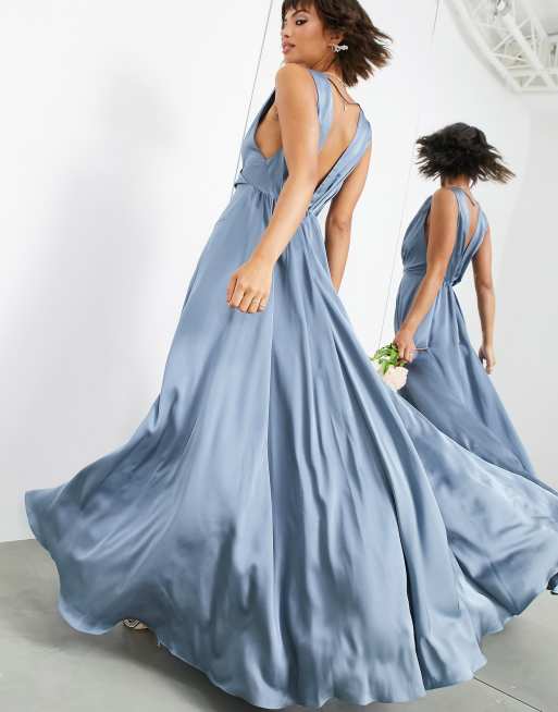 ASOS DESIGN Bridesmaid satin maxi dress with wrap bodice in dusky blue |  ASOS