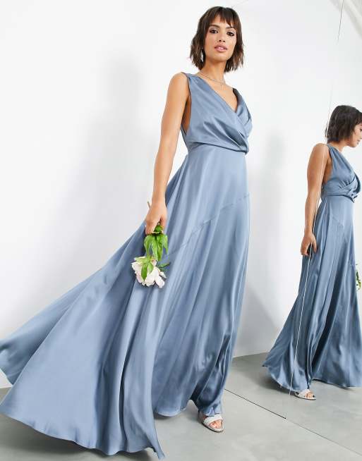 ASOS DESIGN Bridesmaid satin maxi dress with wrap bodice in dusky blue