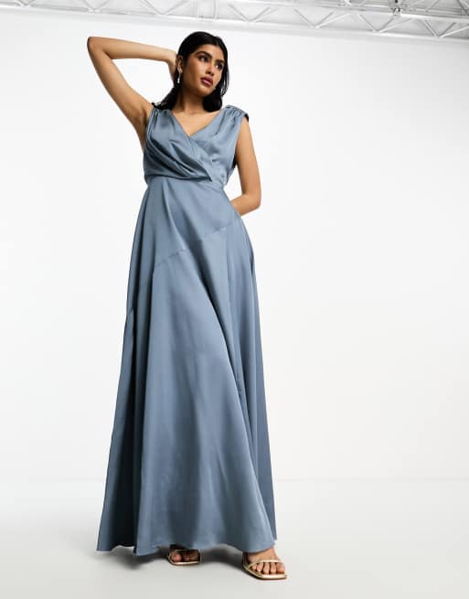 ASOS DESIGN Bridesmaid satin maxi dress with wrap bodice in dusky blue