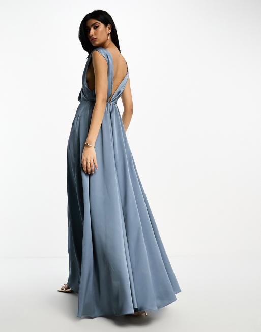 ASOS DESIGN Bridesmaid satin maxi dress with wrap bodice in dusky blue