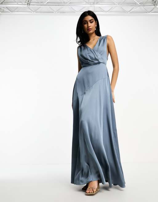 ASOS DESIGN Bridesmaid satin maxi dress with wrap bodice in dusky blue