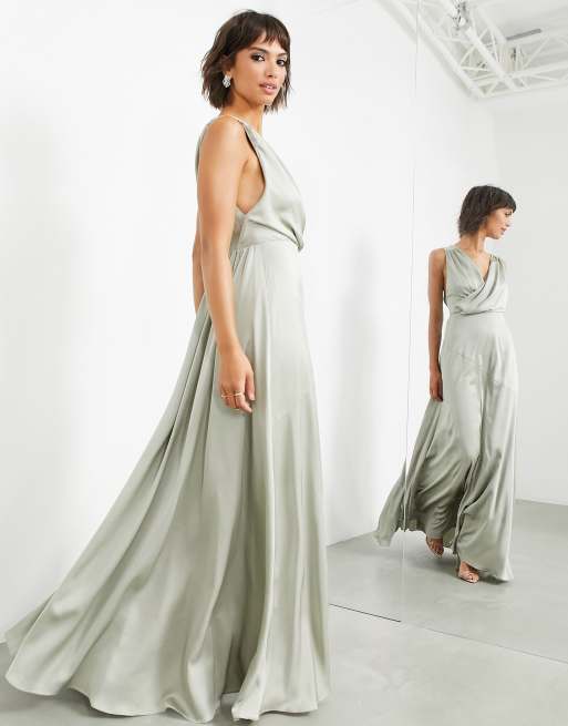 ASOS DESIGN Bridesmaid satin square neck maxi dress in sage green