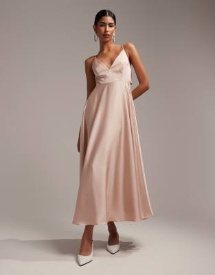 ASOS DESIGN asymmetric color block satin midi dress with lace-up back in  pink