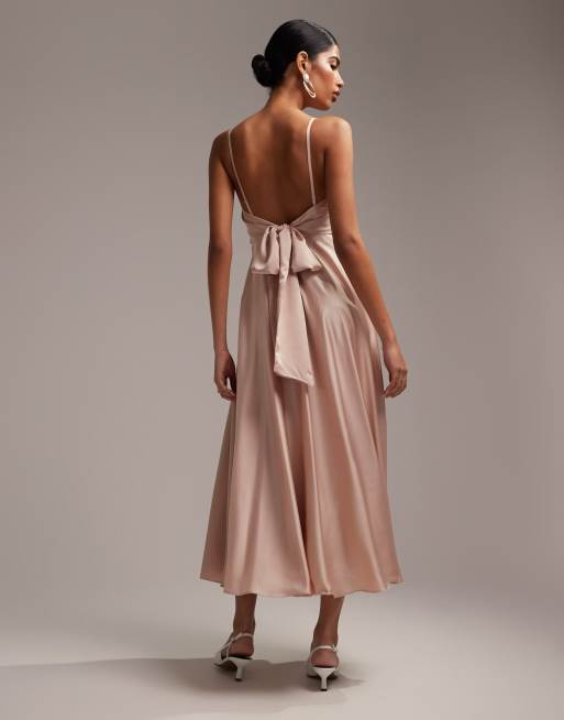 ASOS DESIGN Bridesmaid satin midi dress with tie back in blush