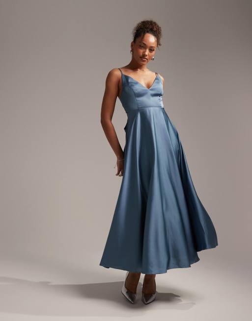 ASOS DESIGN Bridesmaid satin puff sleeve crop top co-ord in dusky blue