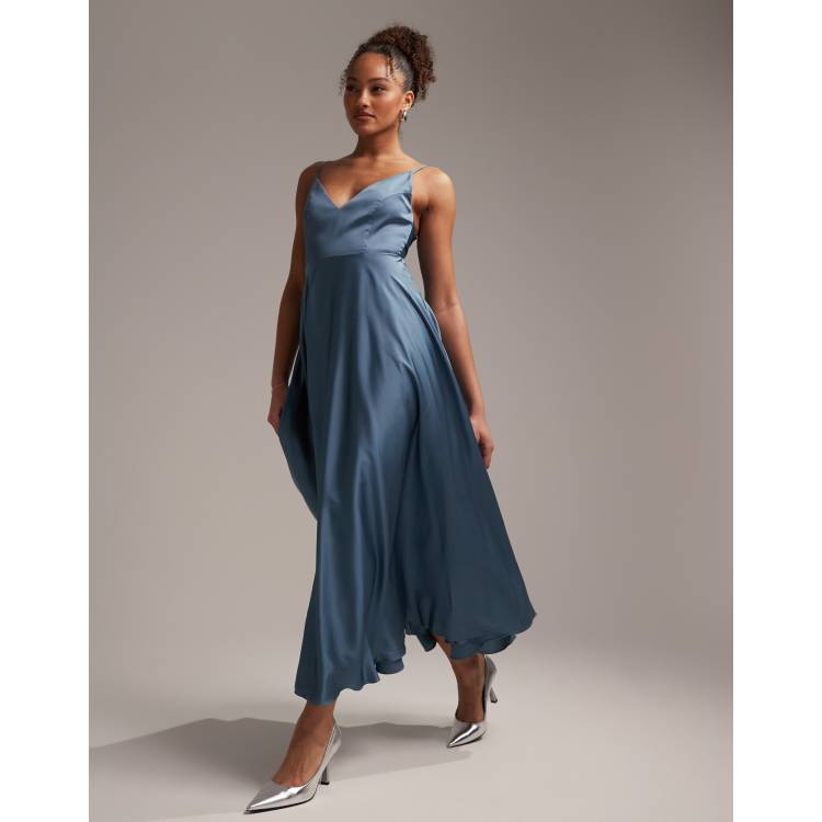 ASOS DESIGN Bridesmaid satin puff sleeve crop top co-ord in dusky blue