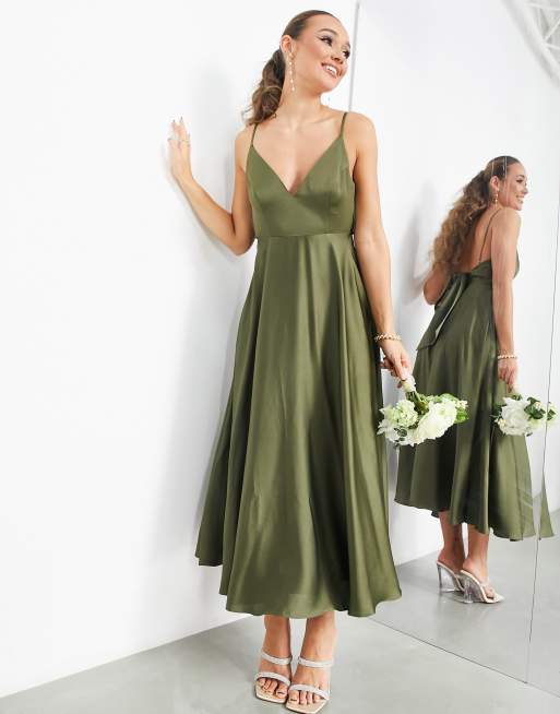 ASOS DESIGN Bridesmaid satin midi dress with tie back in olive