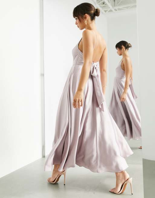 ASOS DESIGN Bridesmaid satin midi dress with tie back in pale lavender PURPLE PURPLE