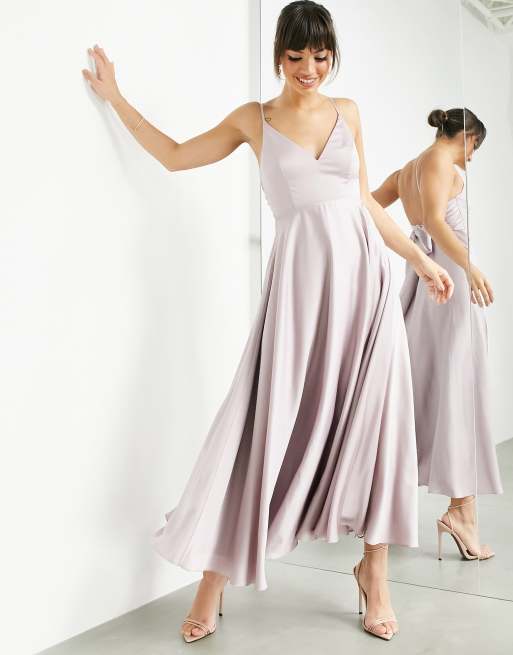 ASOS DESIGN one shoulder tie stretch satin midi dress in dusty lilac