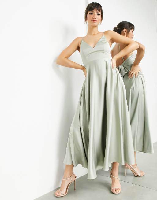 ASOS DESIGN Bridesmaid satin midi dress with tie back in sage green MGREEN MGREEN