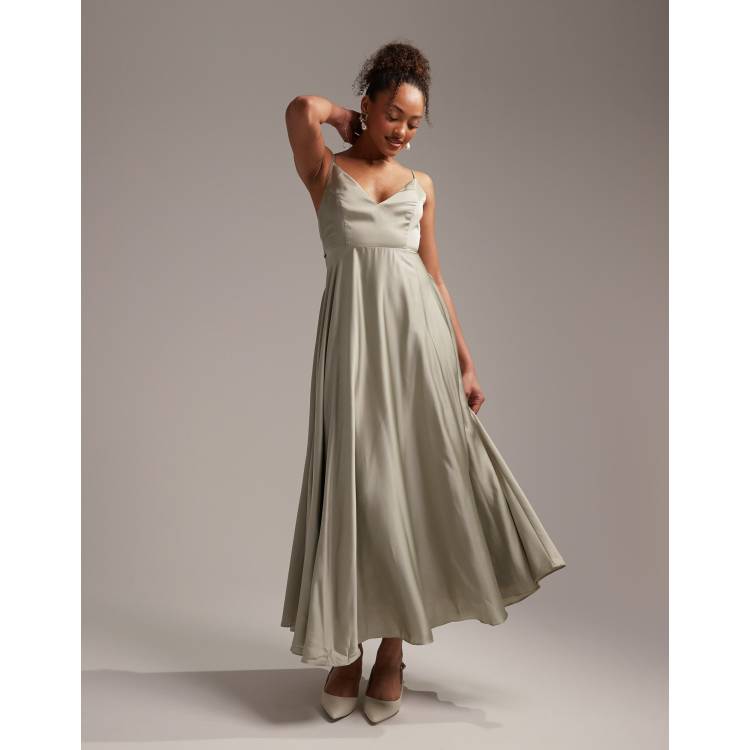 ASOS DESIGN Bridesmaid satin midi dress with tie back in sage green