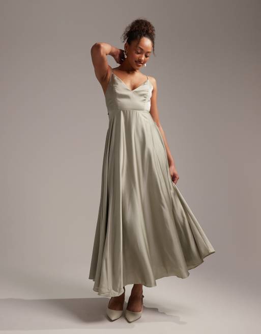 ASOS DESIGN Bridesmaid satin midi dress with tie back in sage green