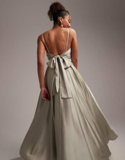 ASOS DESIGN Bridesmaid satin midi dress with tie back in sage green