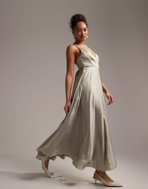 ASOS DESIGN Bridesmaid satin midi dress with tie back in sage green